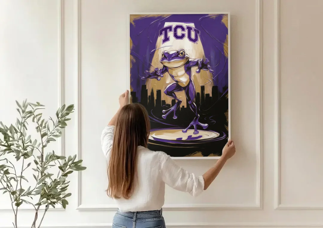Fort Worth TCU Horned Frogs Pride canvas wall art being hung on a paneled wall