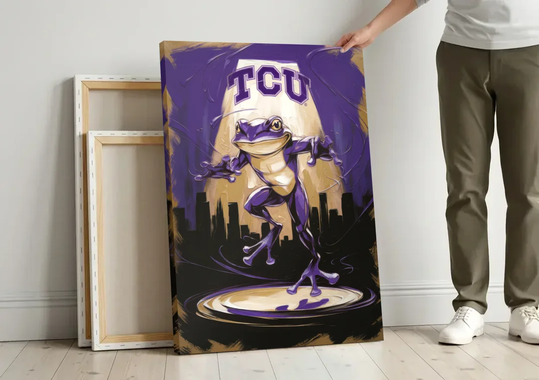 Fort Worth TCU Horned Frogs Pride canvas wall art leaning against a wall next to blank canvases