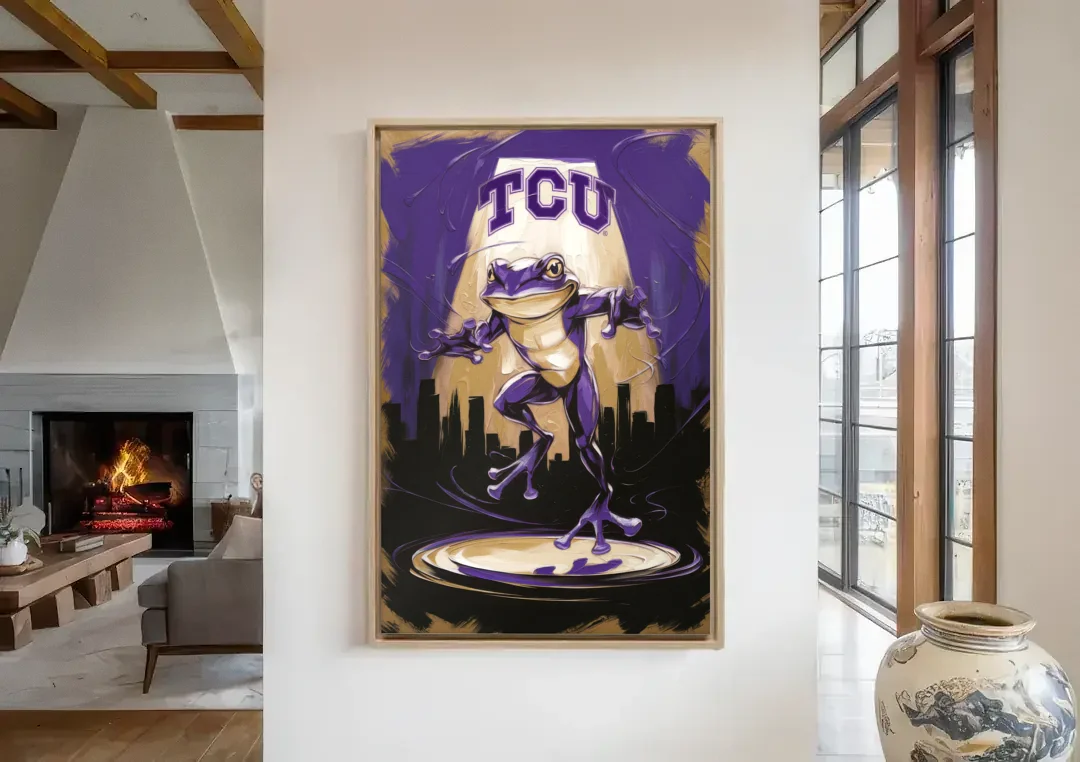 Fort Worth TCU Horned Frogs Pride canvas wall art in a living room with a fireplace