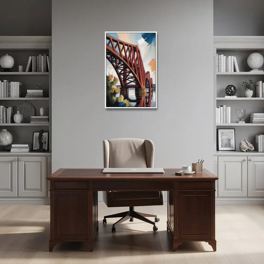 Forth Bridge Elegance - White Framed Canvas Wall Art - Office - 24x36