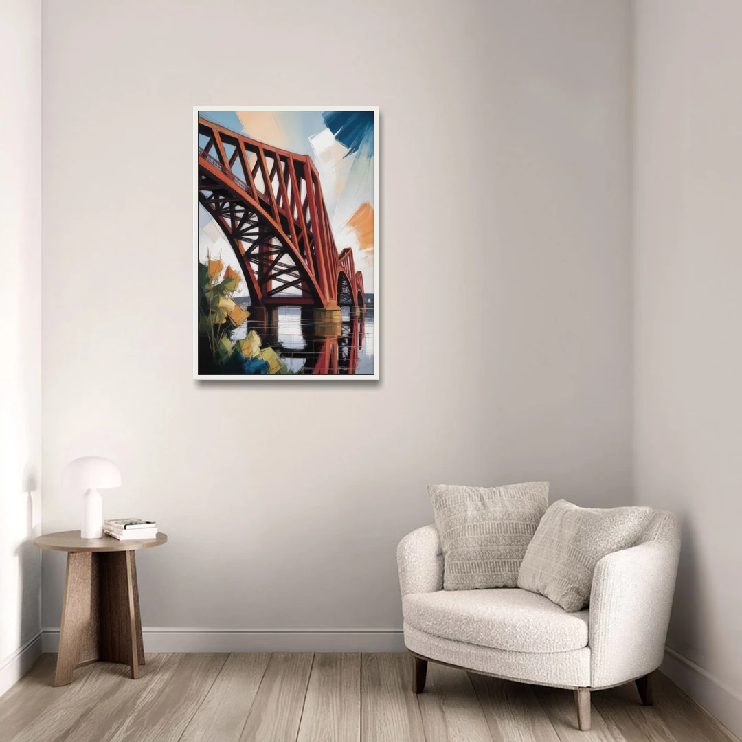 Forth Bridge Elegance - White Framed Canvas Wall Art - Sofa - 24x36