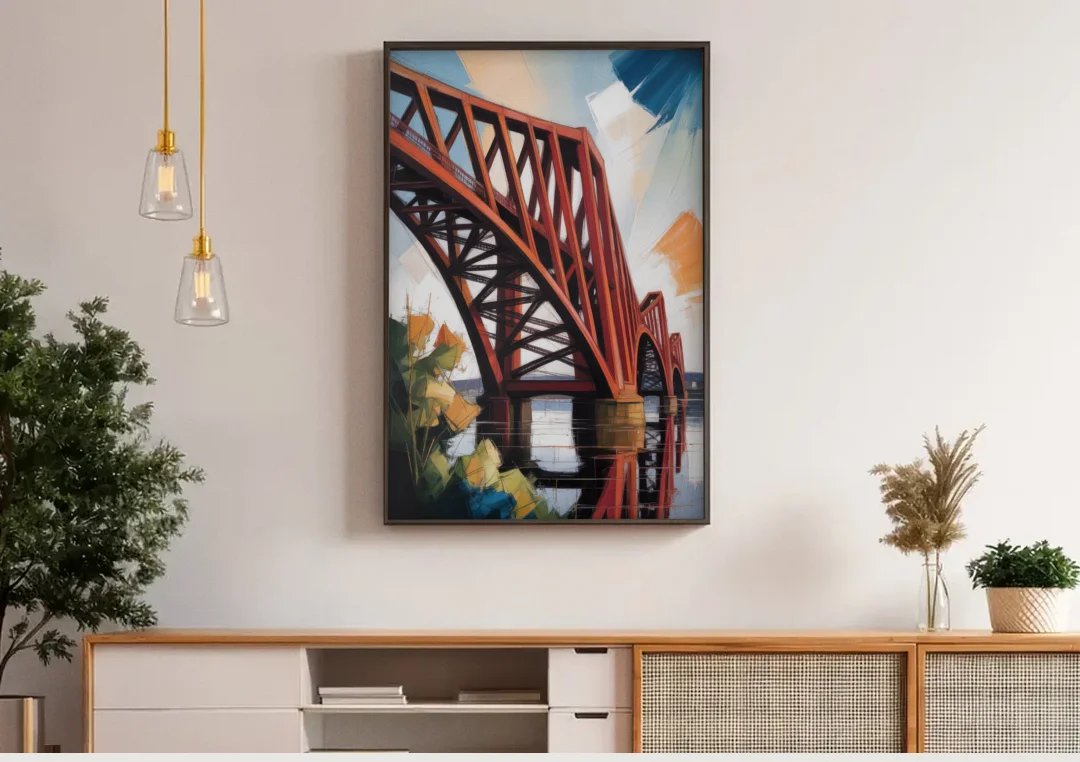 Forth Bridge Elegance canvas wall art above a wooden sideboard under pendant lights