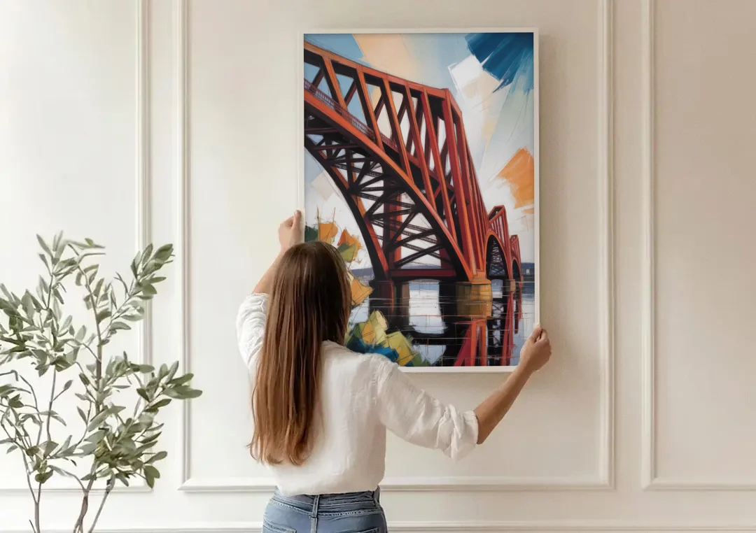 Forth Bridge Elegance canvas wall art being hung on a paneled wall
