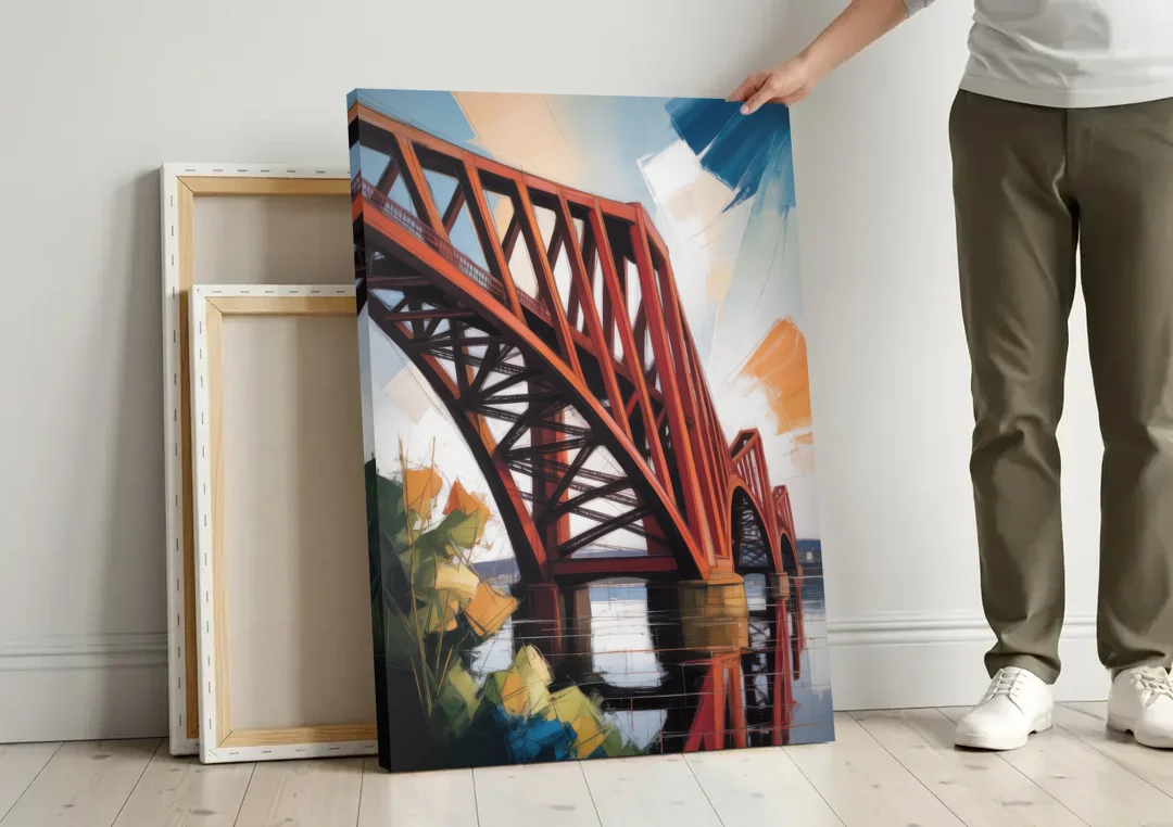 Forth Bridge Elegance canvas wall art leaning against a wall next to blank canvases