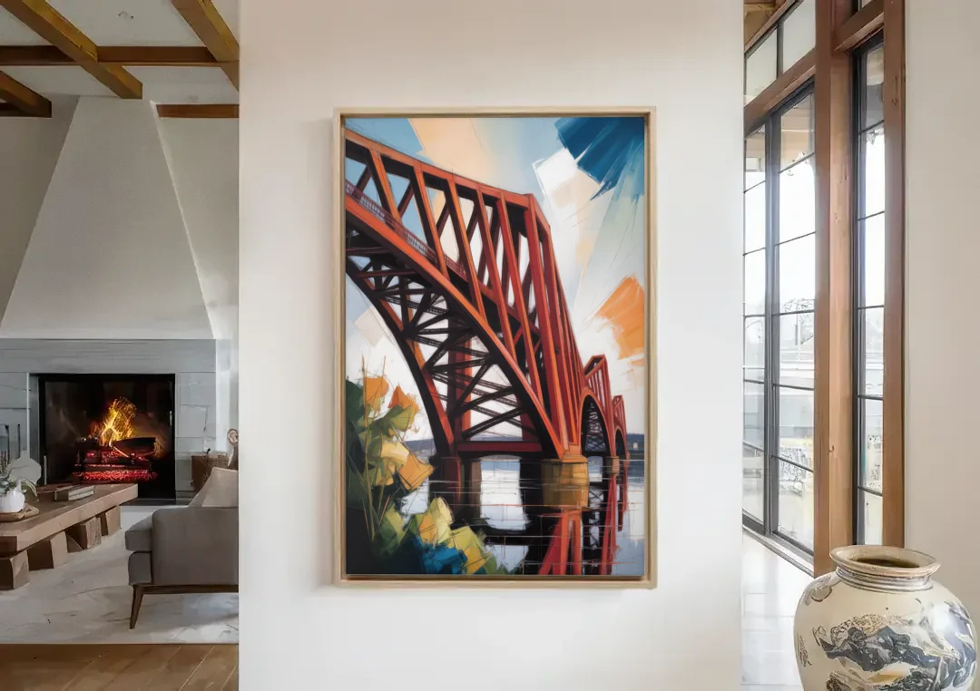 Forth Bridge Elegance canvas wall art in a living room with a fireplace
