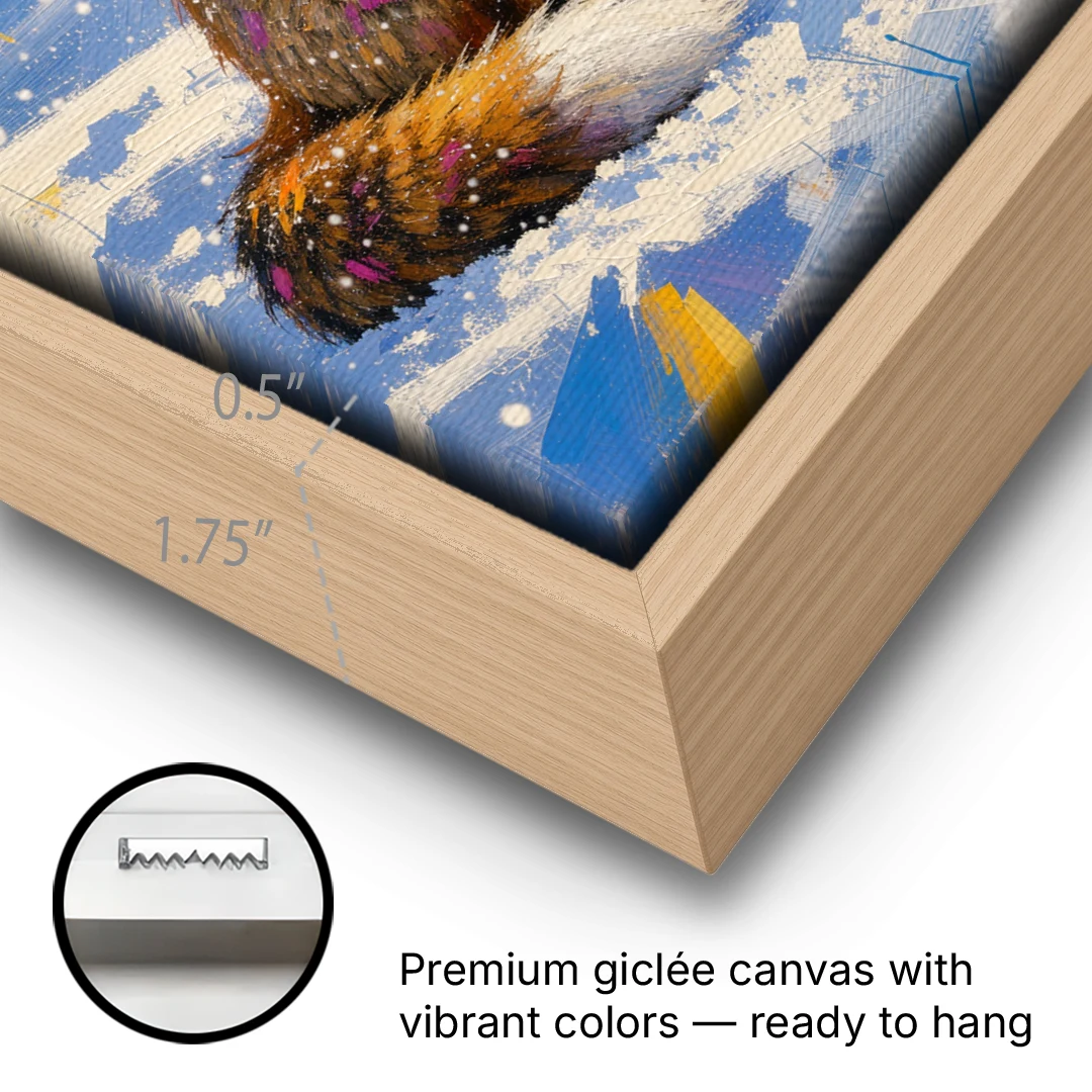 Fox in Snow Painting - Oak Framed Canvas Wall Art - Gallery Wrap Corner