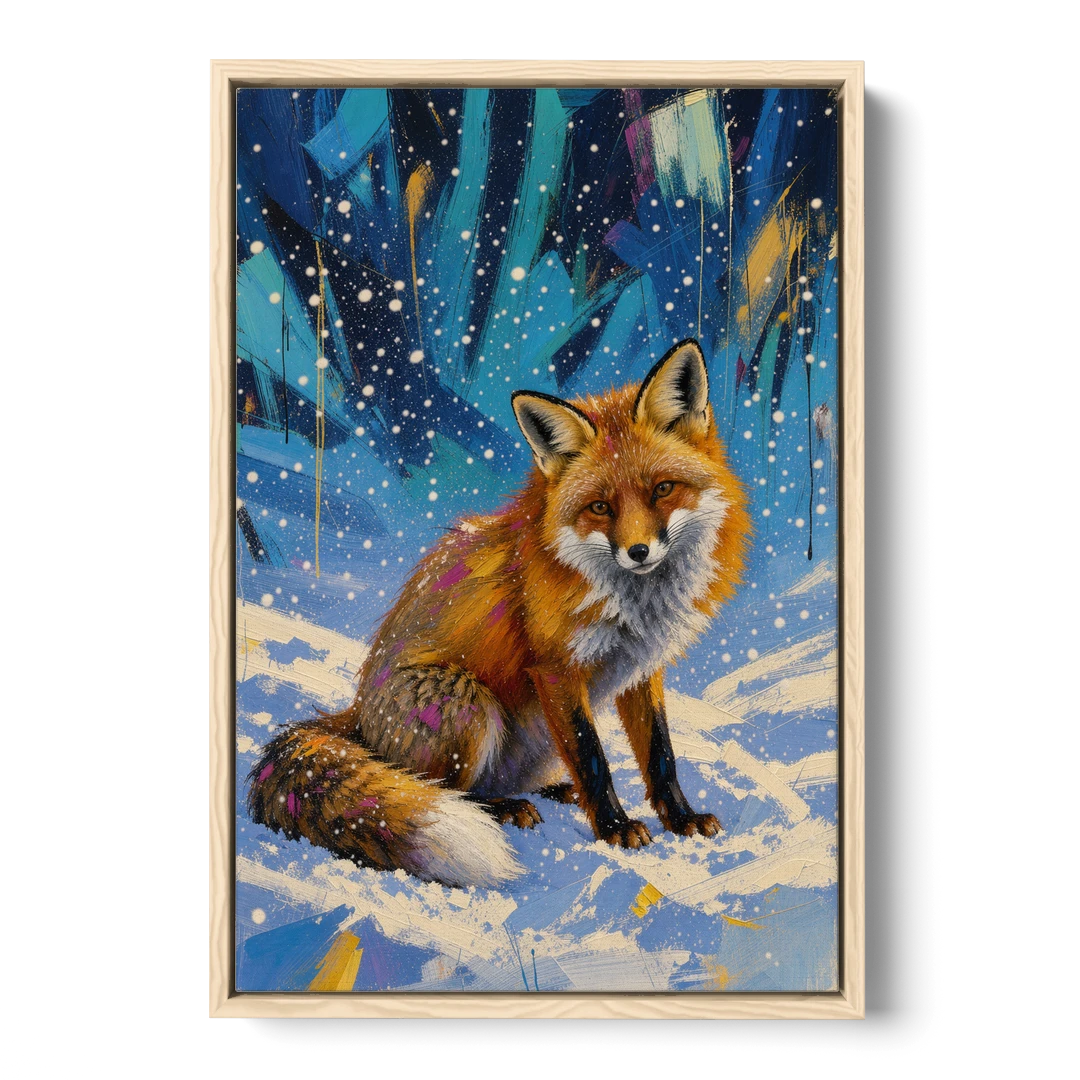 Fox in Snow Painting - Oak Framed Canvas Wall Art - Front