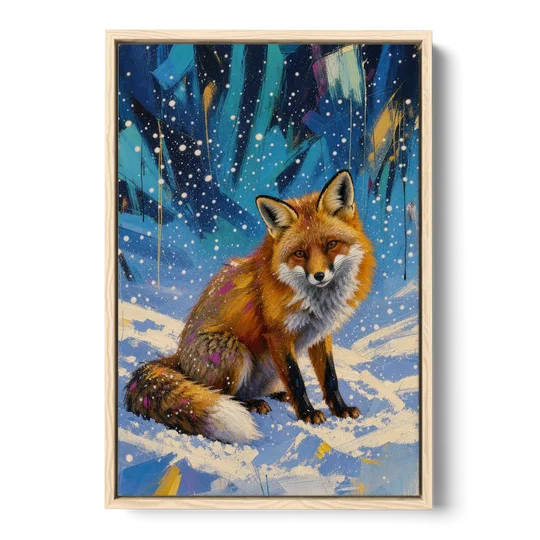 Fox in Snow Painting - Oak Framed Canvas Wall Art - Front