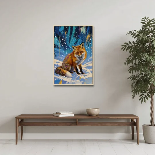 Fox in Snow Painting - Oak Framed Canvas Wall Art - Coffee Table - 24x36