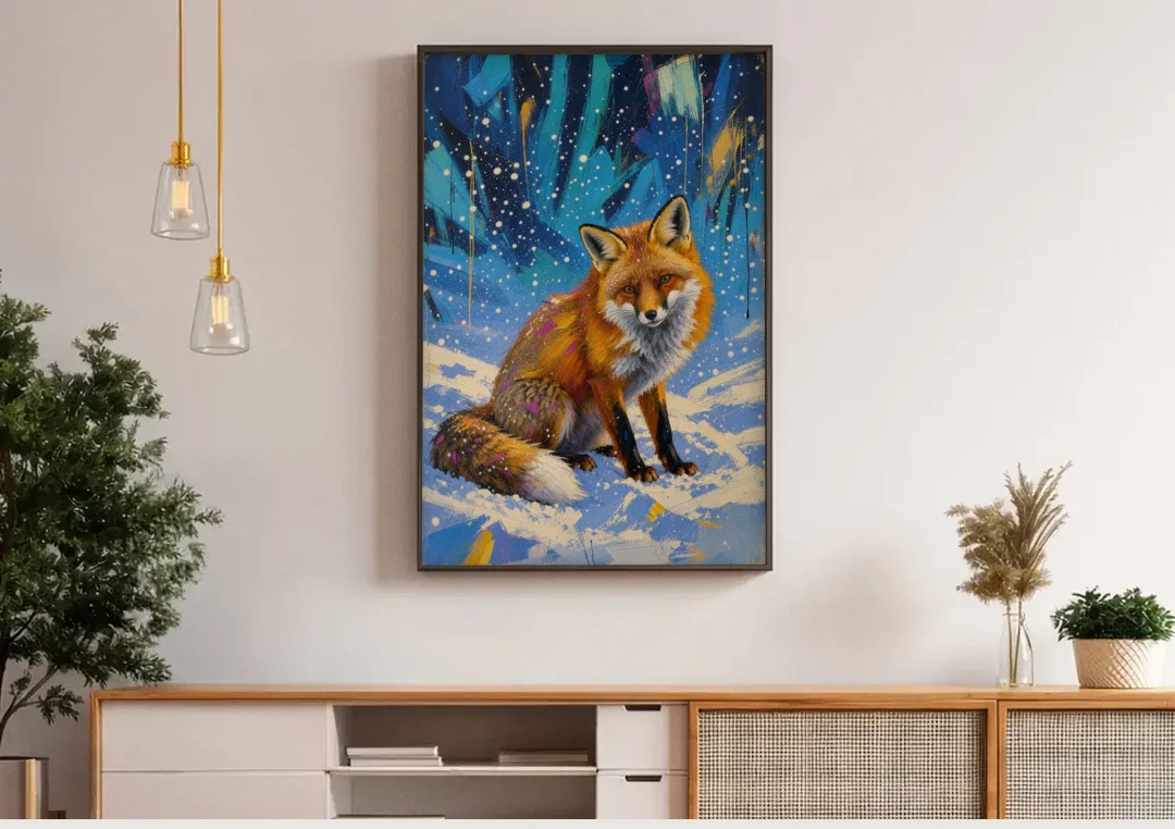 Fox in Snow Painting canvas wall art above a wooden sideboard under pendant lights