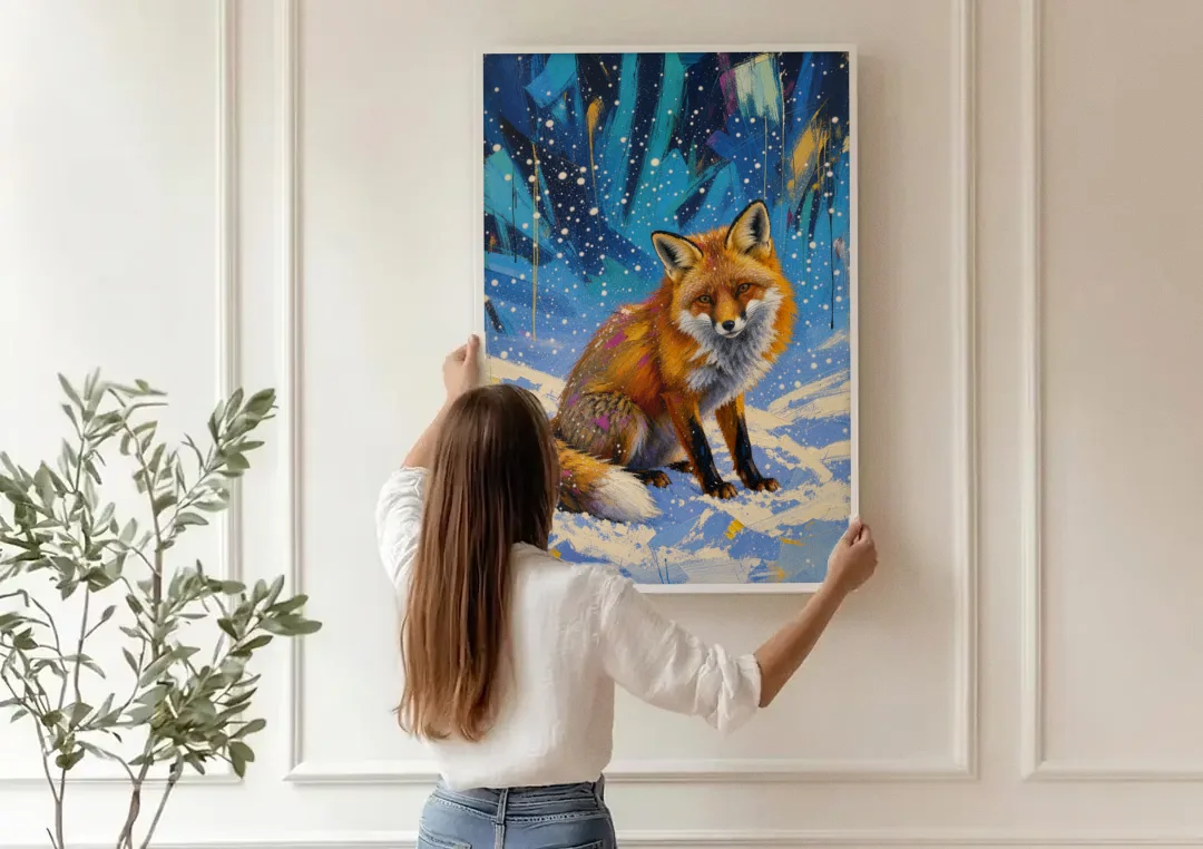 Fox in Snow Painting canvas wall art being hung on a paneled wall