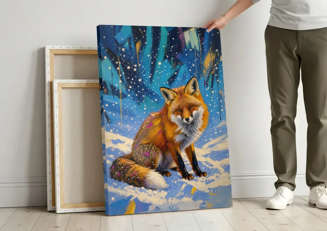 Fox in Snow Painting canvas wall art leaning against a wall next to blank canvases