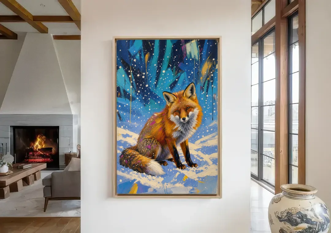 Fox in Snow Painting canvas wall art in a living room with a fireplace
