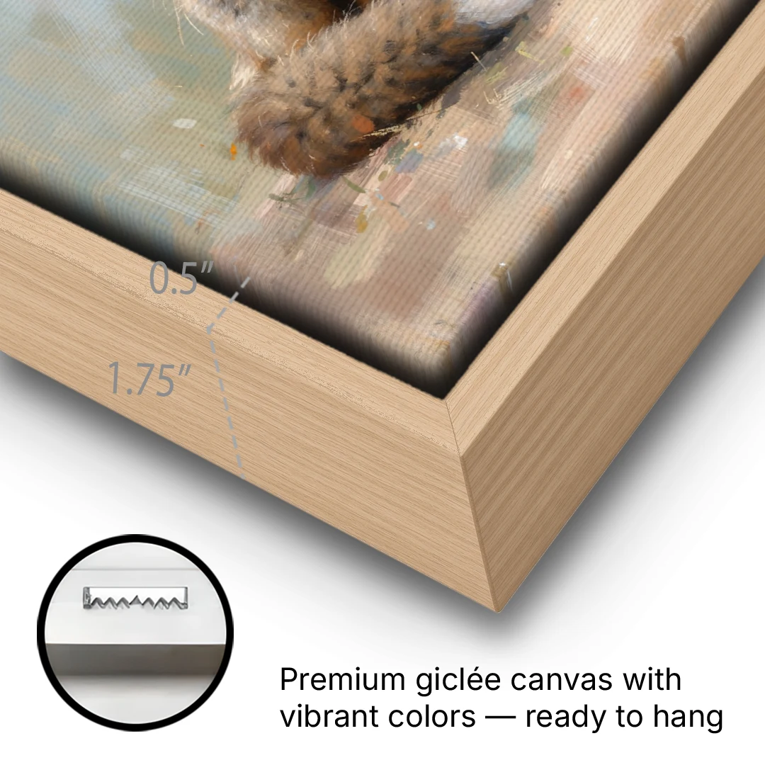 Fox Kit with Fern Sprig for the Nursery - Oak Framed Canvas Wall Art - Gallery Wrap Corner
