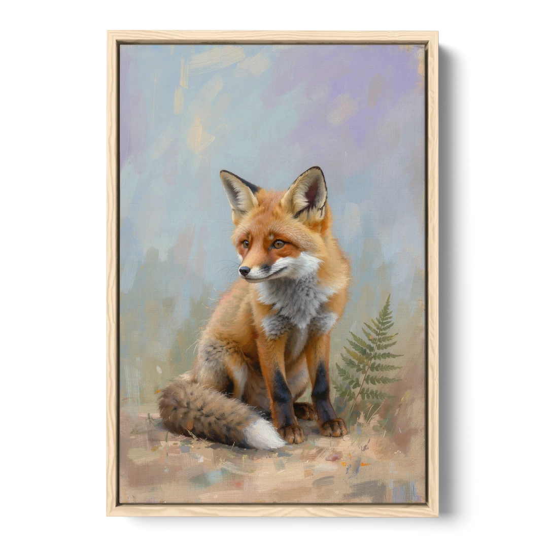 Fox Kit with Fern Sprig for the Nursery - Oak Framed Canvas Wall Art - Front