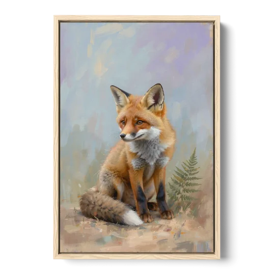 Fox Kit with Fern Sprig for the Nursery - Oak Framed Canvas Wall Art - Front