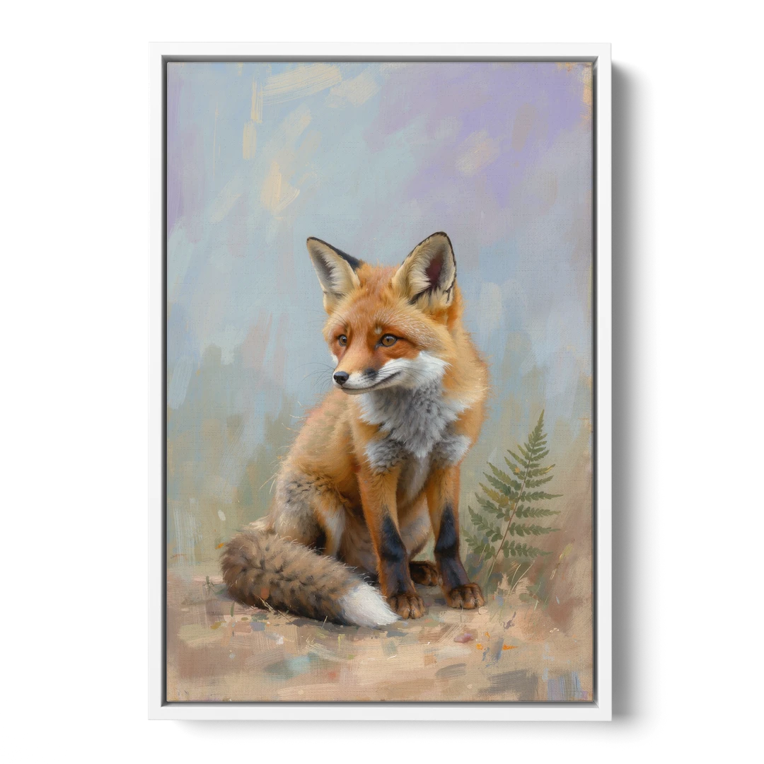Fox Kit with Fern Sprig for the Nursery - White Framed Canvas Wall Art - Front