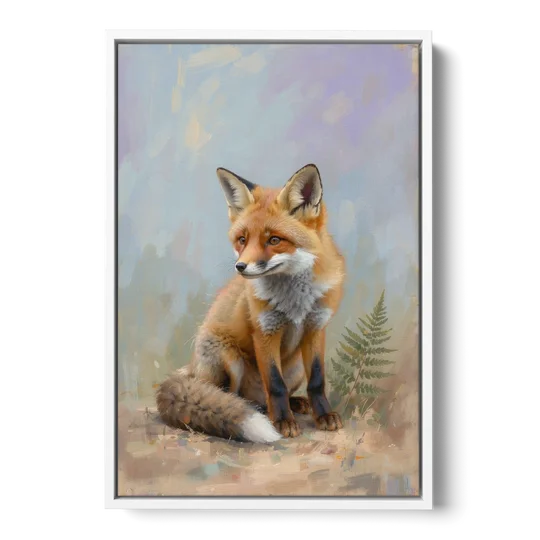 Fox Kit with Fern Sprig for the Nursery - White Framed Canvas Wall Art - Front
