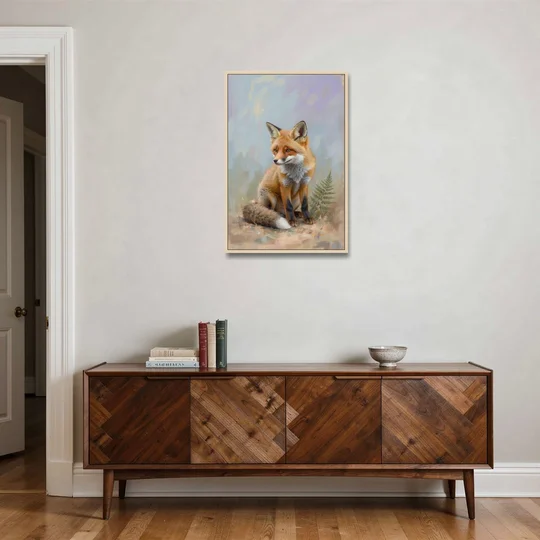 Fox Kit with Fern Sprig for the Nursery - Oak Framed Canvas Wall Art - Coffee Table - 24x36