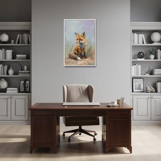 Fox Kit with Fern Sprig for the Nursery - White Framed Canvas Wall Art - Office - 24x36