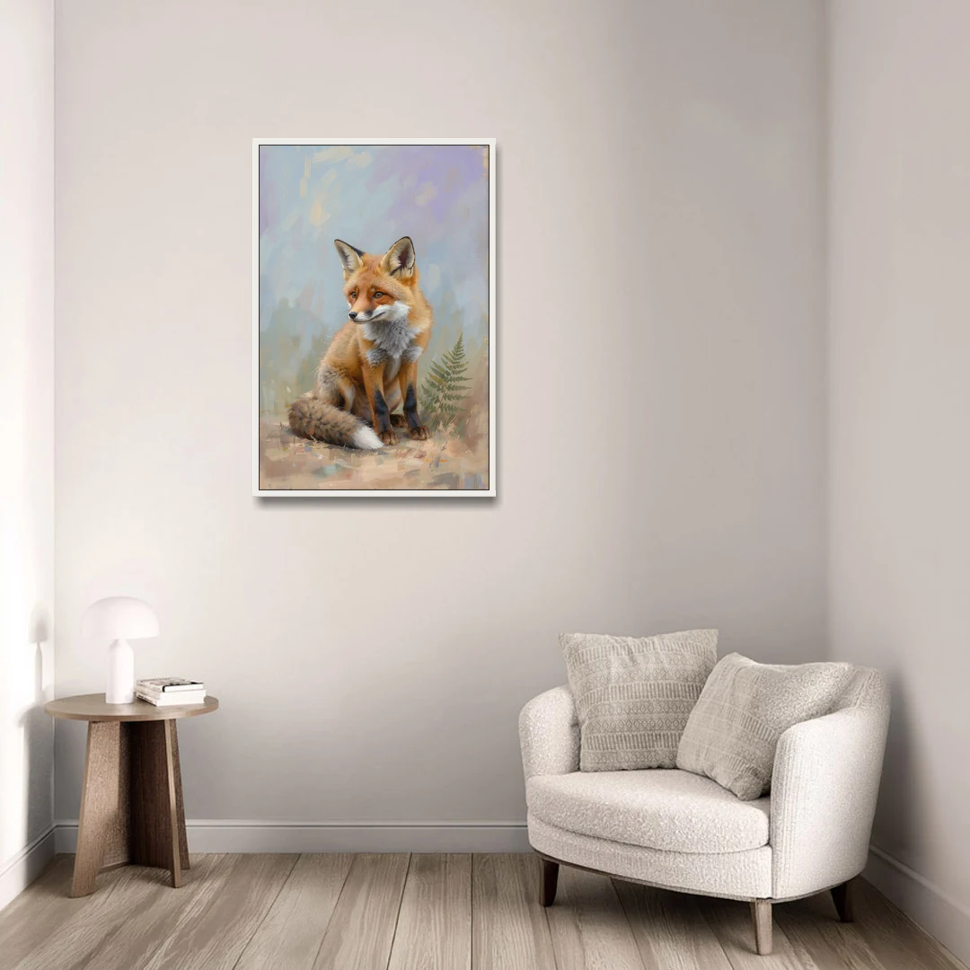 Fox Kit with Fern Sprig for the Nursery - White Framed Canvas Wall Art - Sofa - 24x36