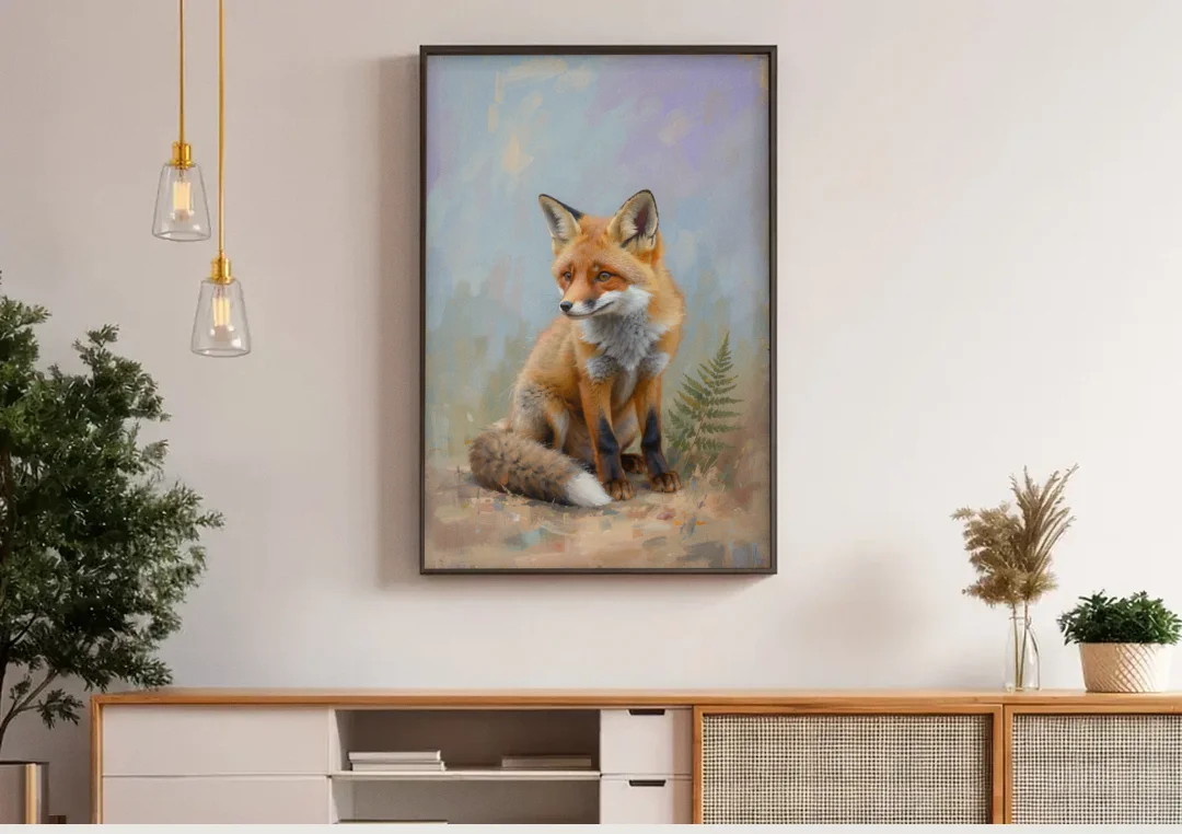 Fox Kit with Fern Sprig for the Nursery canvas wall art above a wooden sideboard under pendant lights