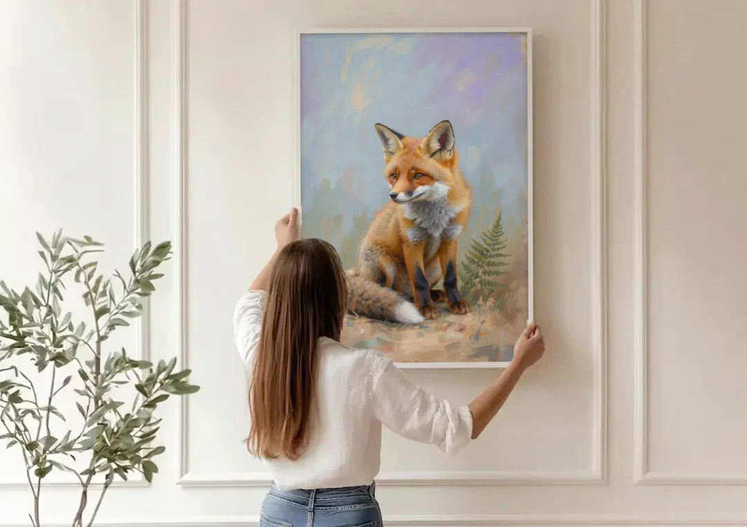 Fox Kit with Fern Sprig for the Nursery canvas wall art being hung on a paneled wall