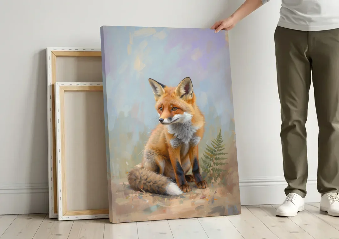 Fox Kit with Fern Sprig for the Nursery canvas wall art leaning against a wall next to blank canvases