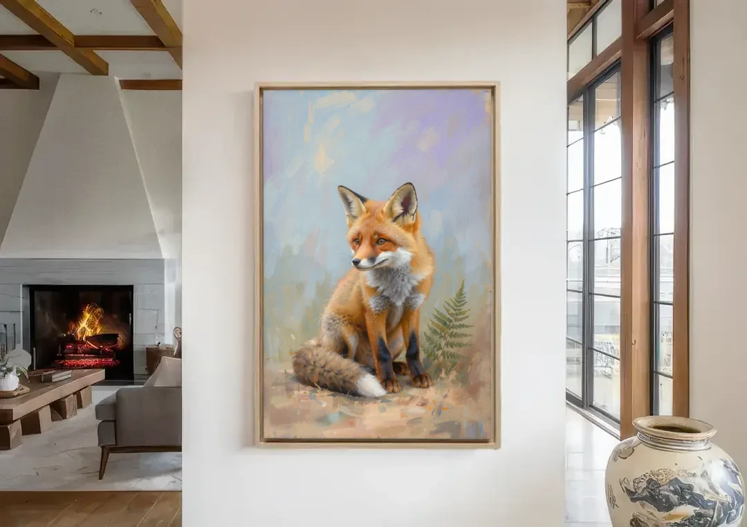 Fox Kit with Fern Sprig for the Nursery canvas wall art in a living room with a fireplace