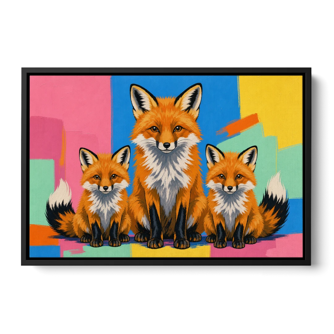 Pop Art Fox Mother and Two Cubs for the Nursery - Black Framed Canvas Wall Art - Front