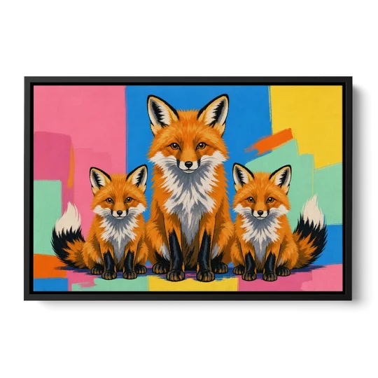 Pop Art Fox Mother and Two Cubs for the Nursery - Black Framed Canvas Wall Art - Front