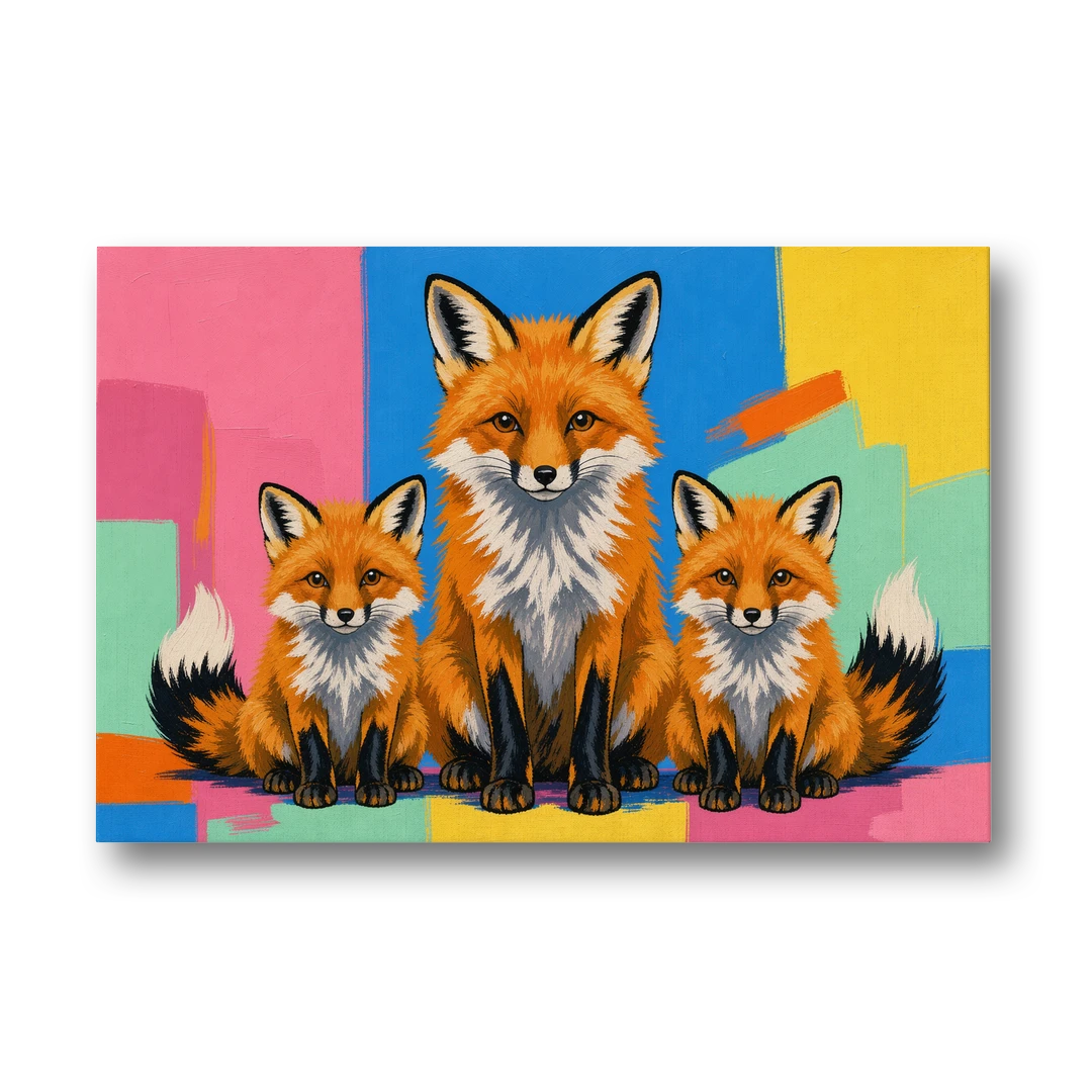 Pop Art Fox Mother and Two Cubs for the Nursery - Canvas Wall Art - Front