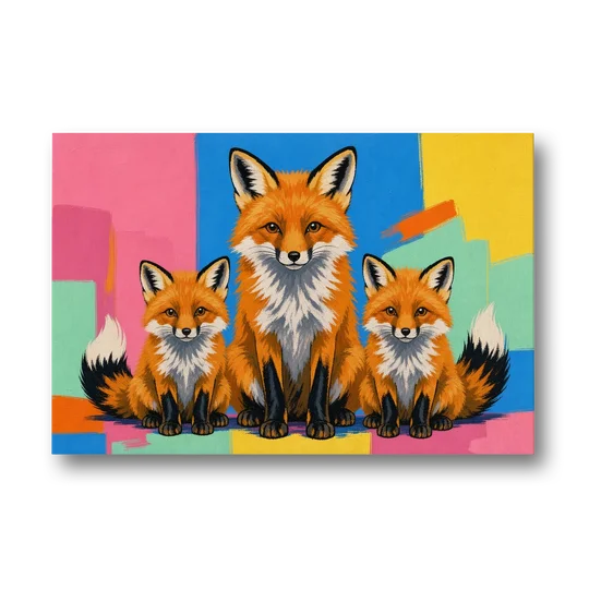 Pop Art Fox Mother and Two Cubs for the Nursery - Canvas Wall Art - Front