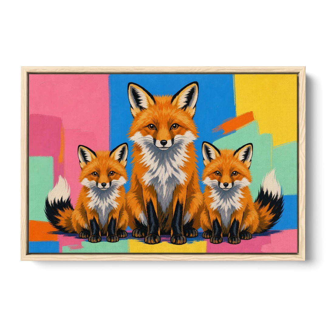 Pop Art Fox Mother and Two Cubs for the Nursery - Oak Framed Canvas Wall Art - Front