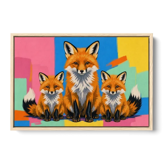 Pop Art Fox Mother and Two Cubs for the Nursery - Oak Framed Canvas Wall Art - Front