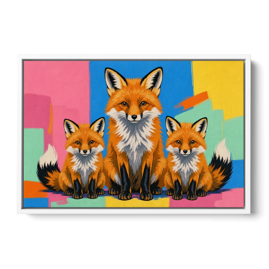 Pop Art Fox Mother and Two Cubs for the Nursery - White Framed Canvas Wall Art - Front