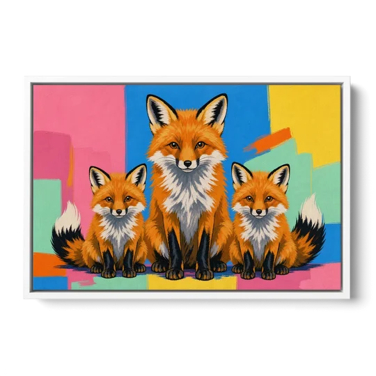Pop Art Fox Mother and Two Cubs for the Nursery - White Framed Canvas Wall Art - Front