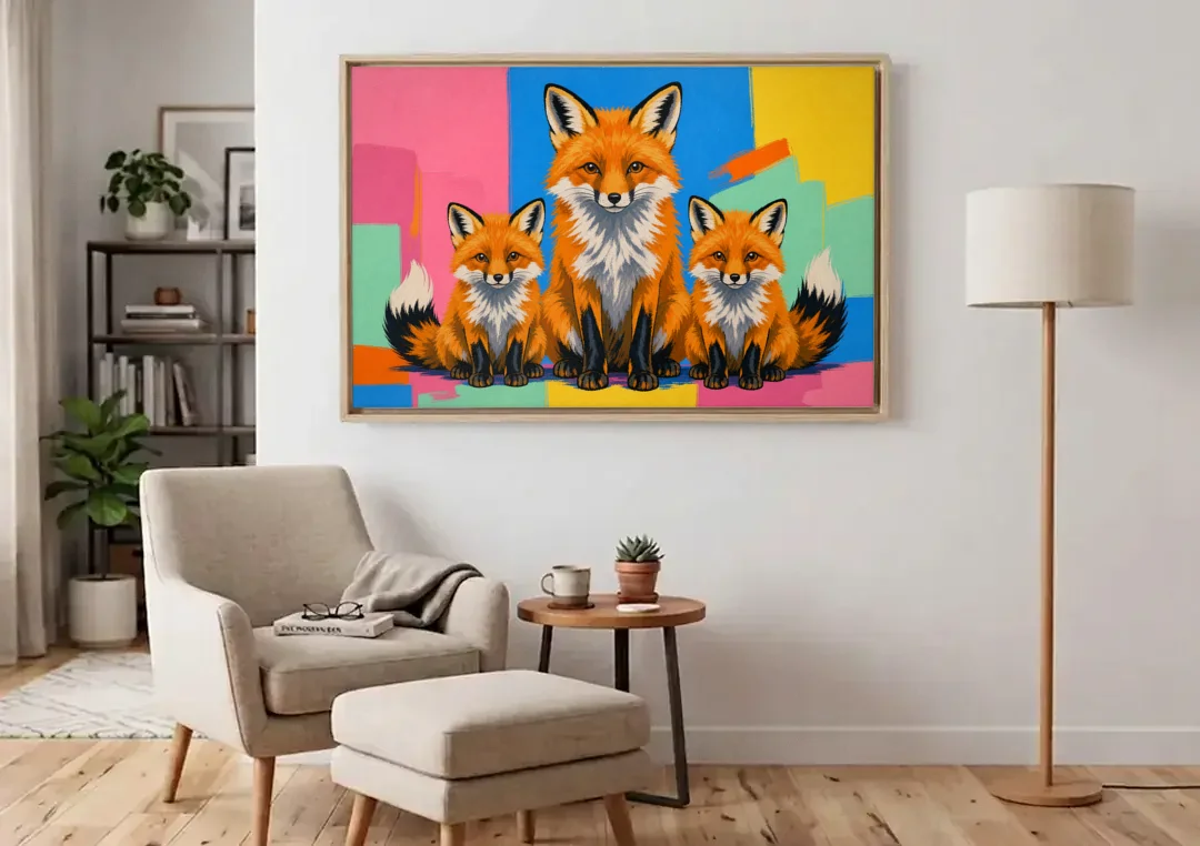 Pop Art Fox Mother and Two Cubs for the Nursery canvas wall art above an armchair in a bright living room