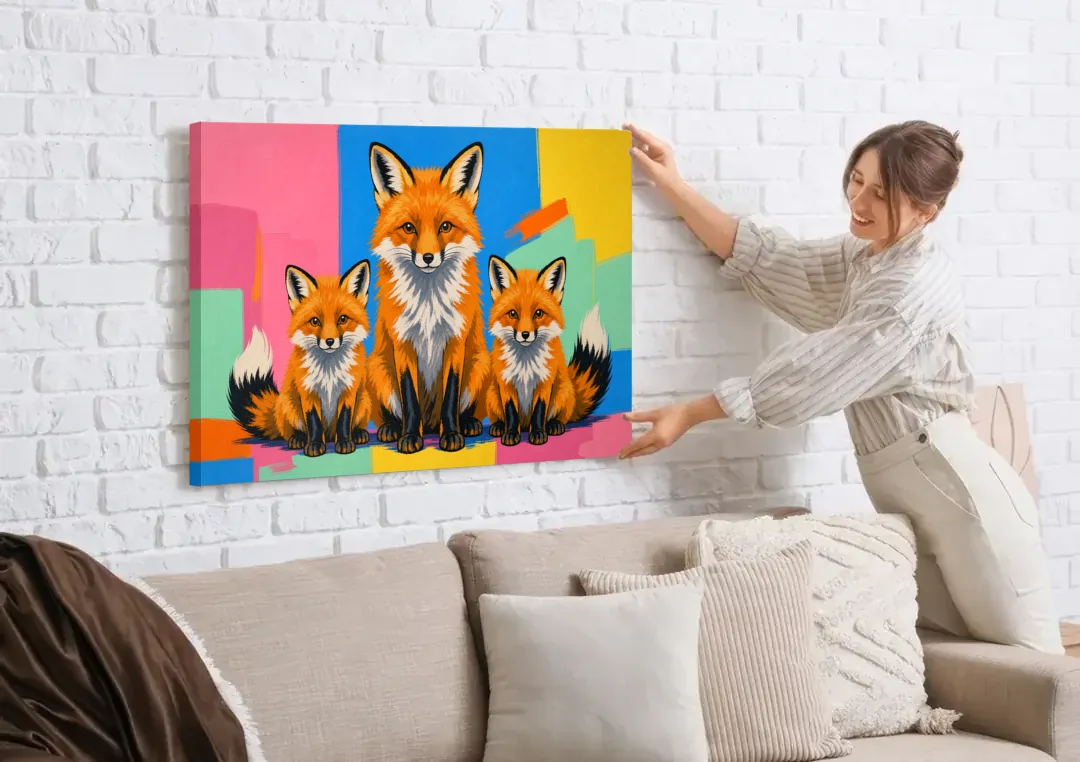 Pop Art Fox Mother and Two Cubs for the Nursery canvas wall art being hung on a white brick wall above a sofa