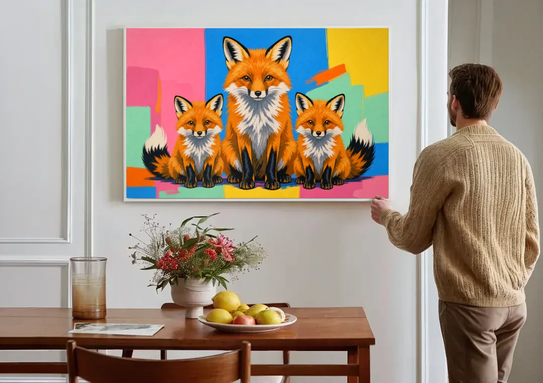 Pop Art Fox Mother and Two Cubs for the Nursery canvas wall art above a dining table