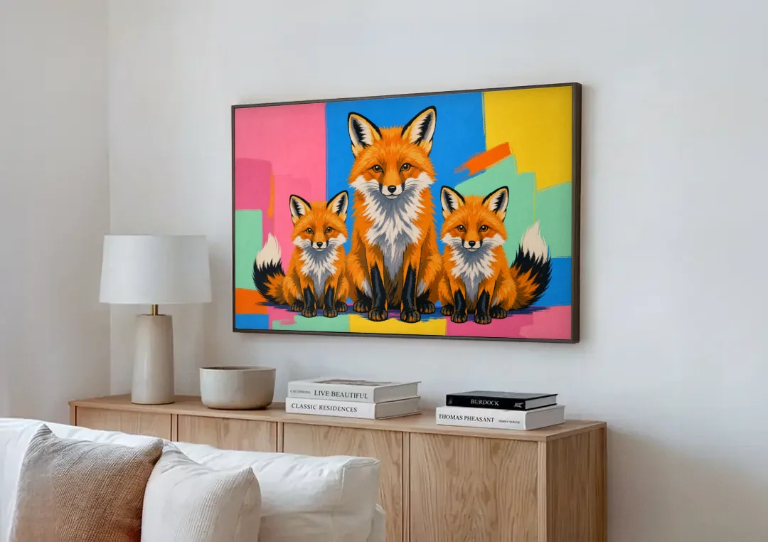 Pop Art Fox Mother and Two Cubs for the Nursery canvas wall art above a wooden sideboard next to a sofa