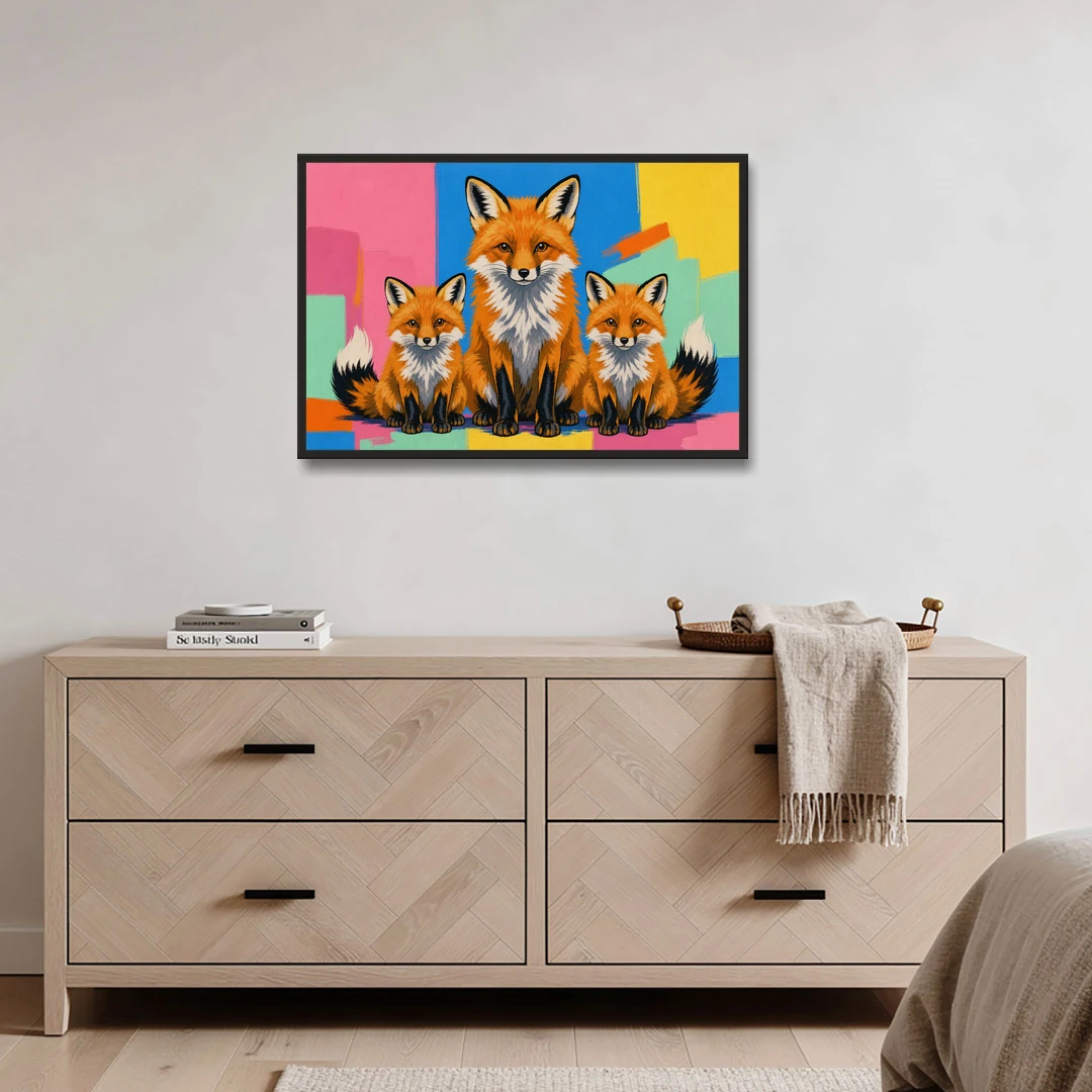 Pop Art Fox Mother and Two Cubs for the Nursery - Black Framed Canvas Wall Art - Coffee Table - 36x24