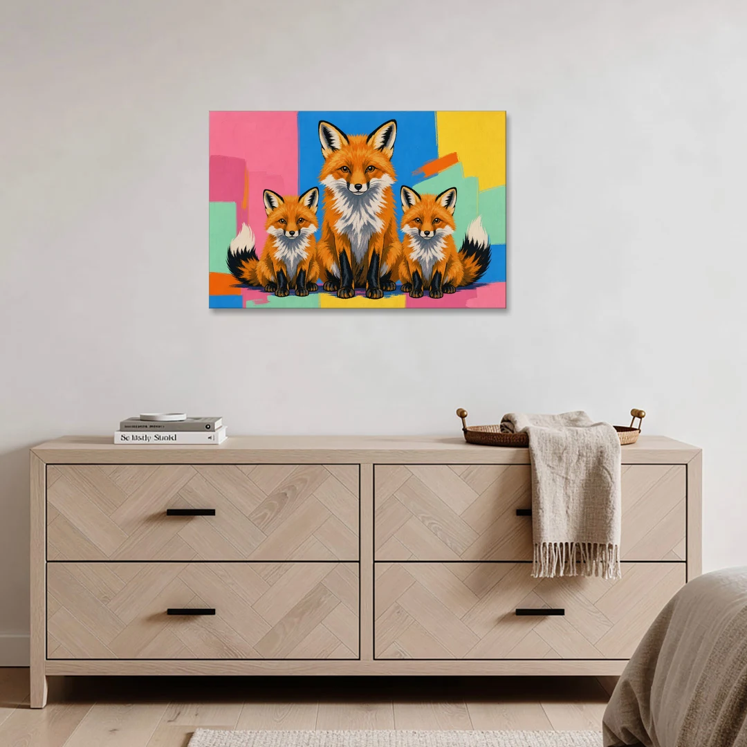 Pop Art Fox Mother and Two Cubs for the Nursery - Canvas Wall Art - Coffee Table - 36x24