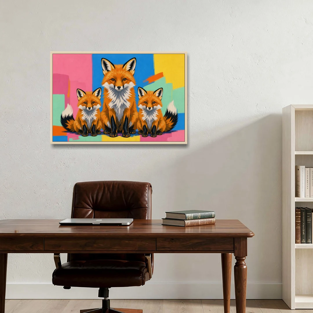 Pop Art Fox Mother and Two Cubs for the Nursery - Oak Framed Canvas Wall Art - Office - 36x24
