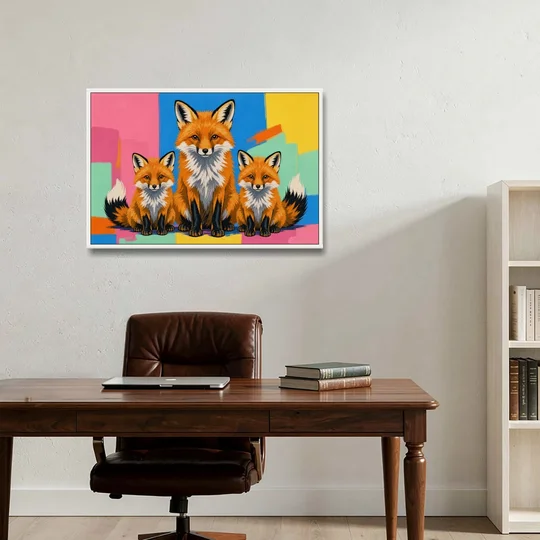 Pop Art Fox Mother and Two Cubs for the Nursery - White Framed Canvas Wall Art - Office - 36x24