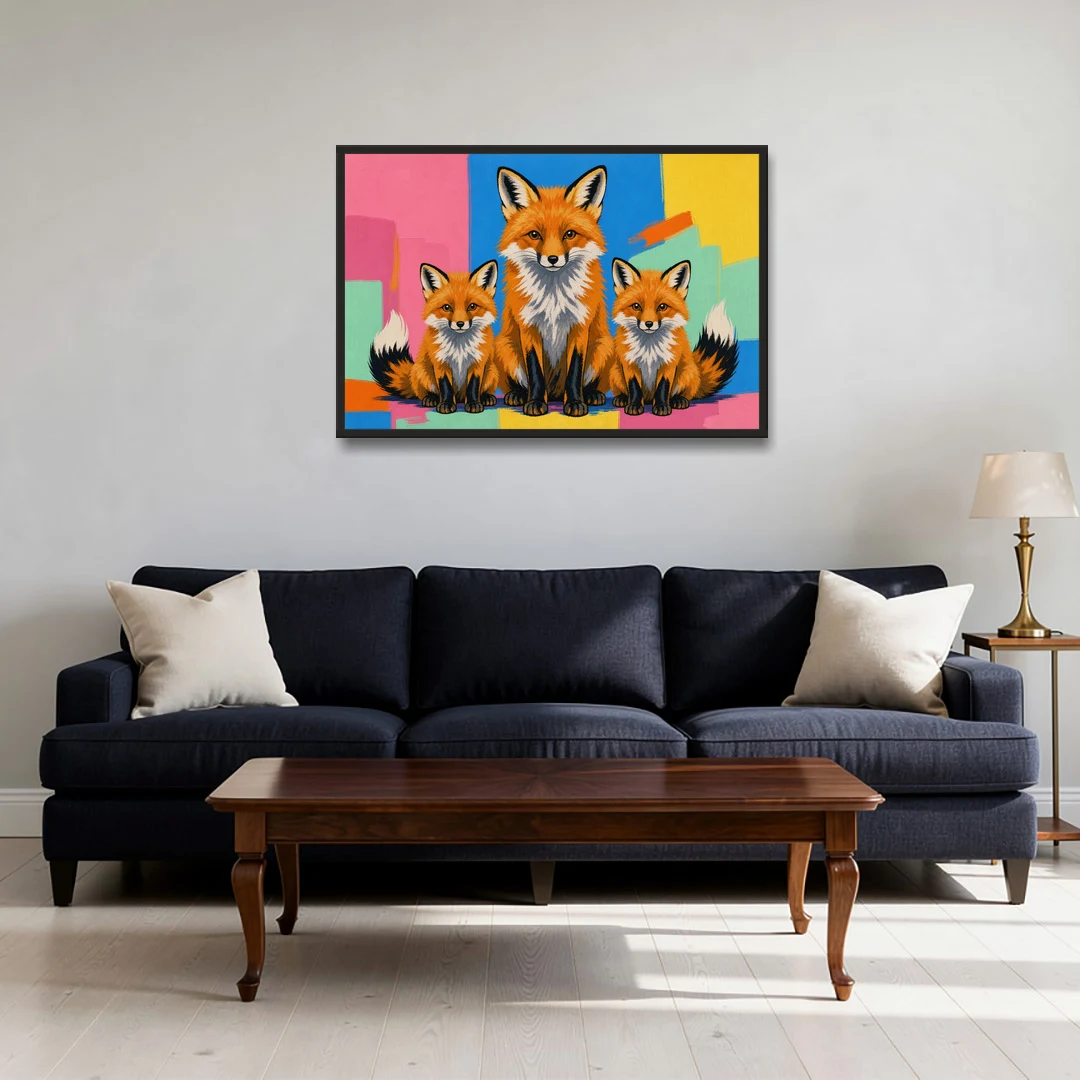 Pop Art Fox Mother and Two Cubs for the Nursery - Black Framed Canvas Wall Art - Sofa - 36x24
