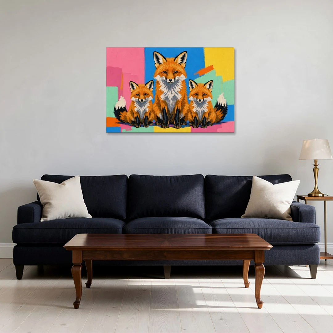 Pop Art Fox Mother and Two Cubs for the Nursery - Canvas Wall Art - Sofa - 36x24