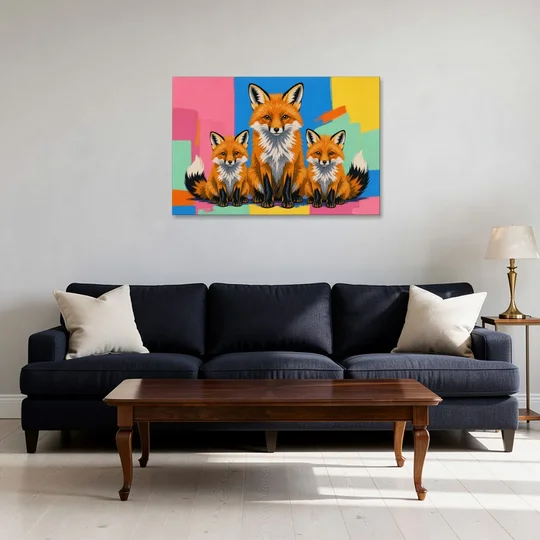 Pop Art Fox Mother and Two Cubs for the Nursery - Canvas Wall Art - Sofa - 36x24
