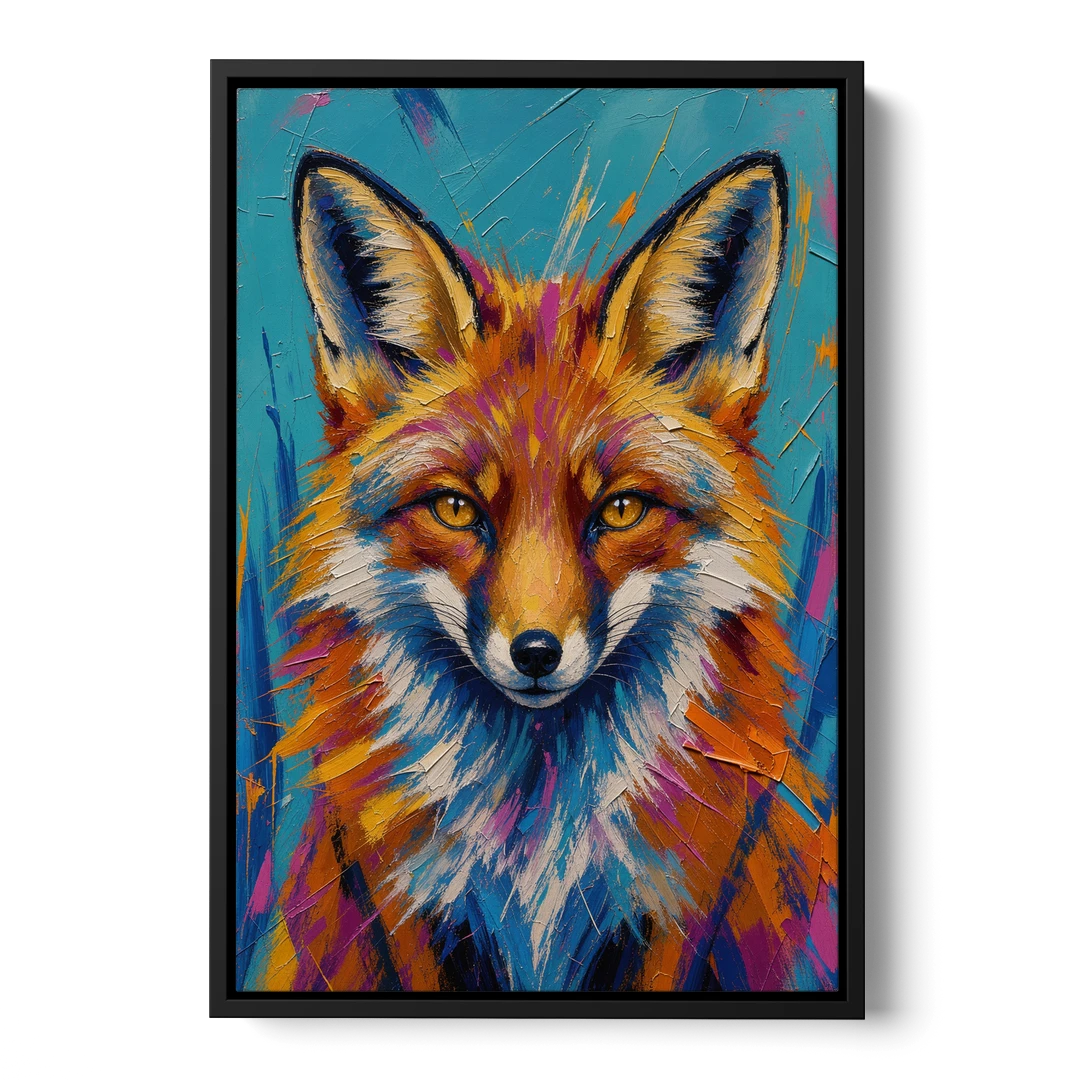 Fox Oil Painting in Electric Blue - Black Framed Canvas Wall Art - Front