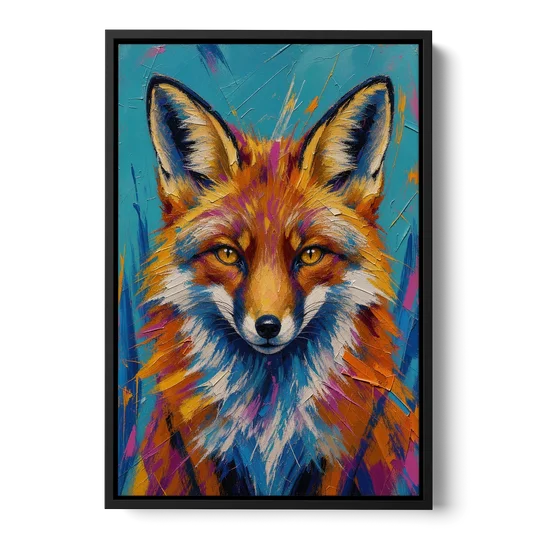 Fox Oil Painting in Electric Blue - Black Framed Canvas Wall Art - Front